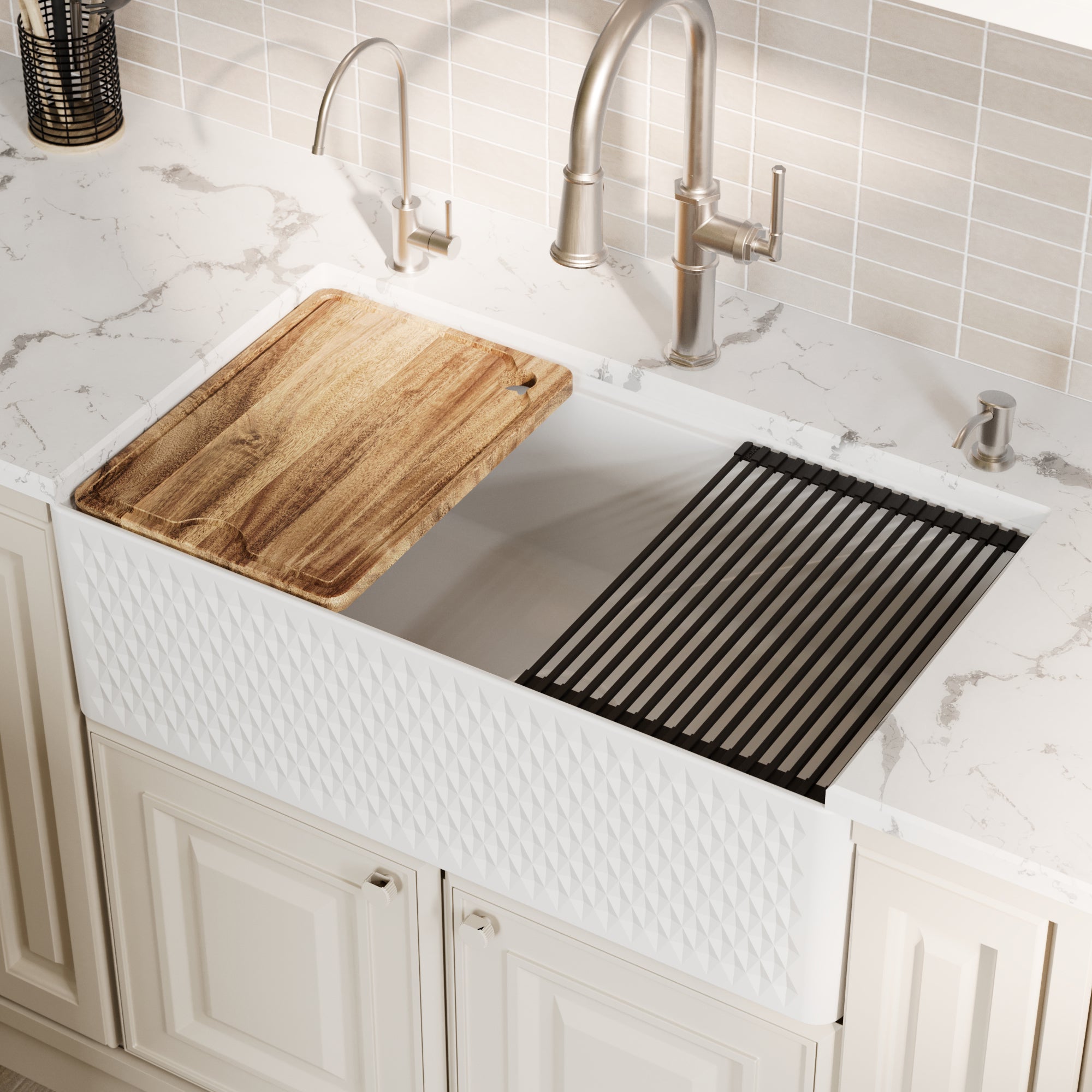 Fireclay 33" Reversible Apron Front Single Bowl Workstation Kitchen Sink In White