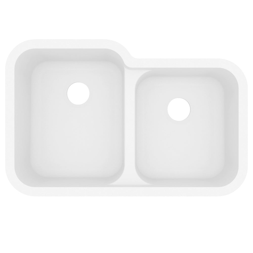 32-3/8" Seamless Undermount Double Offset Bowl Quartz Composite Kitchen Sink In White