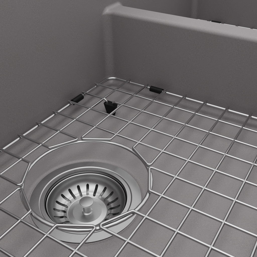 34" Retrofit Farmhouse Double Offset Bowl Quartz Composite Kitchen Sink Kit In Grey