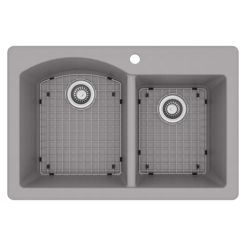 33" Top Mount Double Offset Bowl Quartz Composite Kitchen Sink Kit In Grey