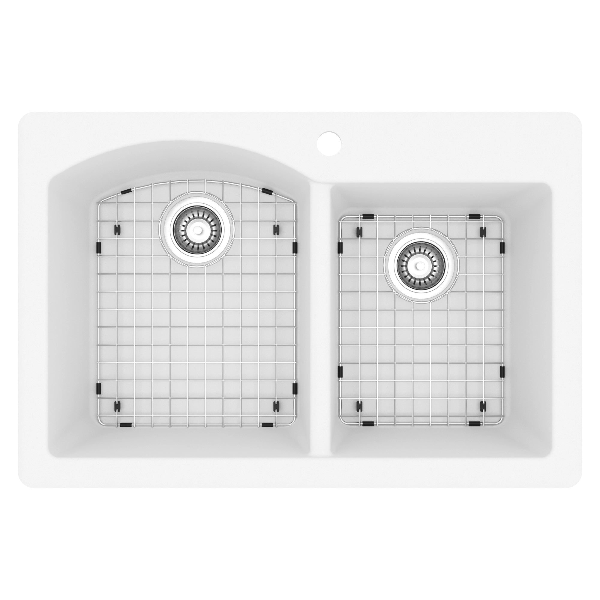 33" Top Mount Double Offset Bowl Quartz Composite Kitchen Sink Kit In White