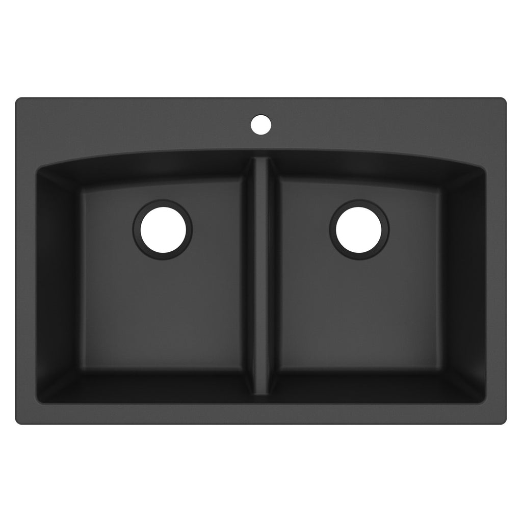 33" Top Mount Double Equal Bowl Quartz Composite Kitchen Sink In Black