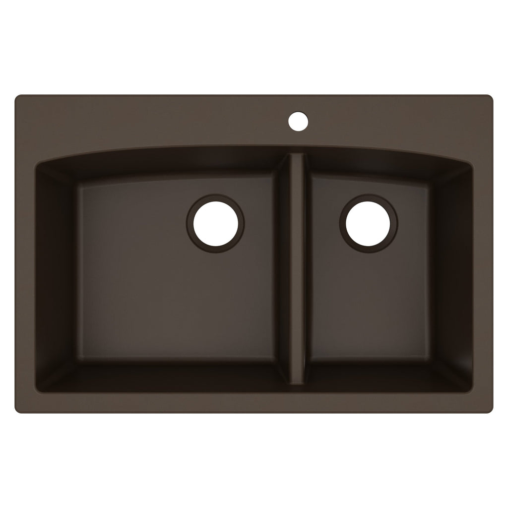 33" Top Mount Double Offset Bowl Quartz Composite Kitchen Sink In Brown