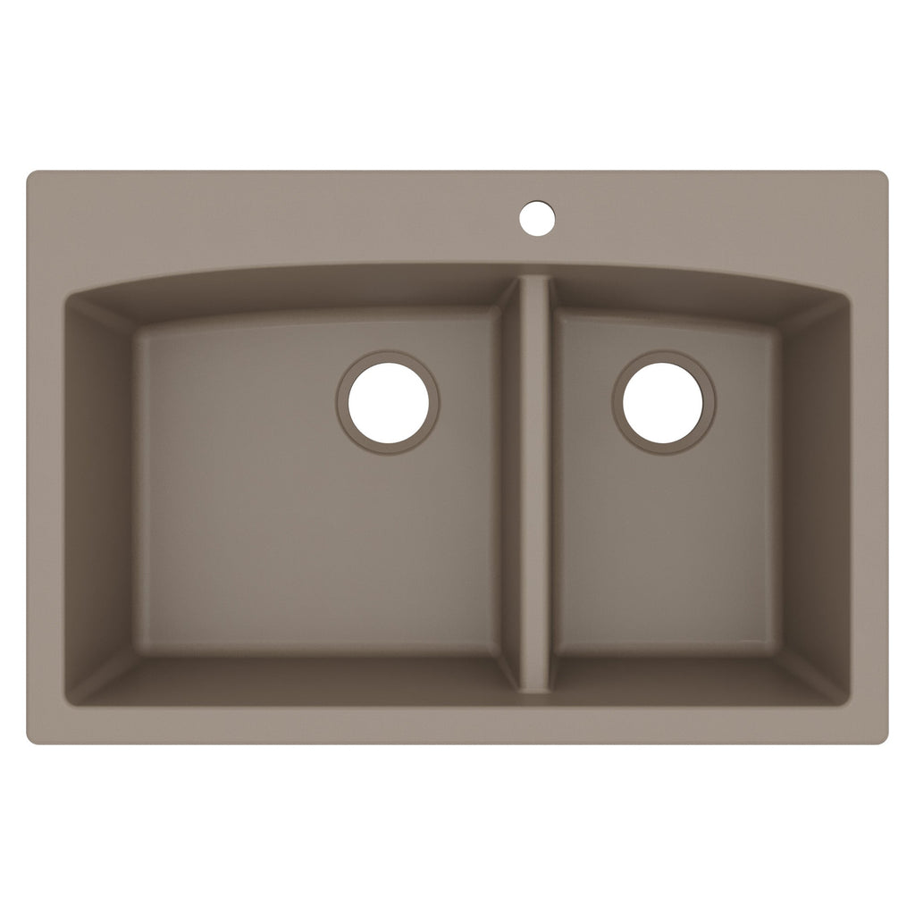 33" Top Mount Double Offset Bowl Quartz Composite Kitchen Sink In Concrete