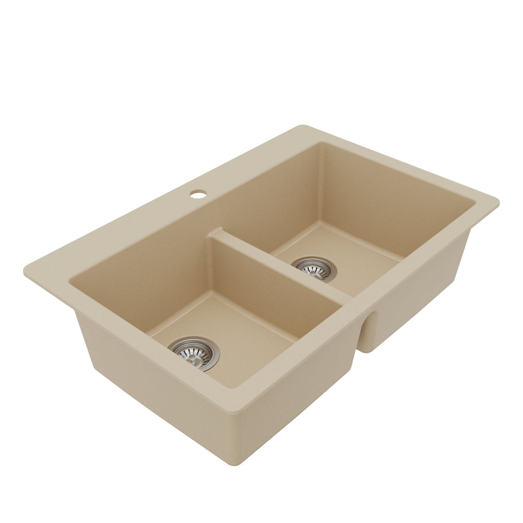 33" Top Mount Double Equal Bowl Quartz Composite Kitchen Sink Kit In Bisque