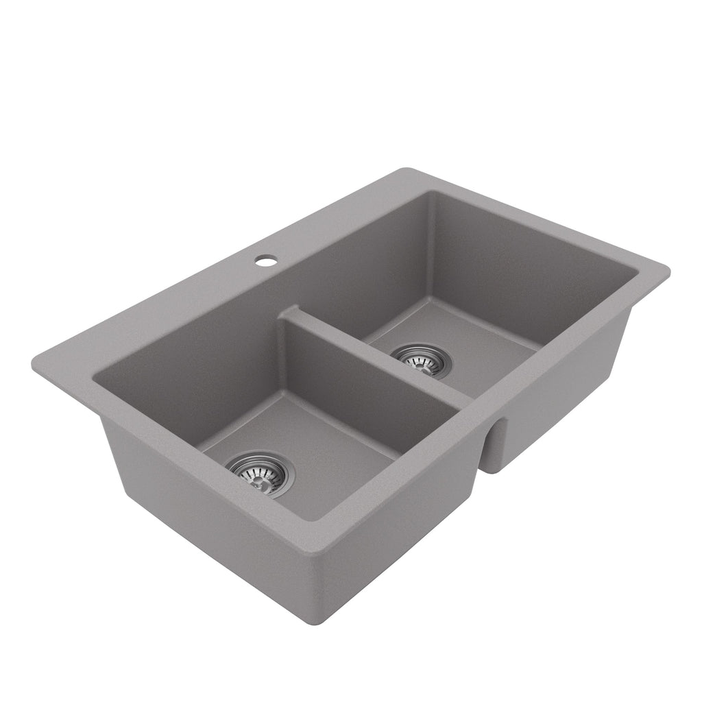 33" Top Mount Double Equal Bowl Quartz Composite Kitchen Sink Kit In Grey
