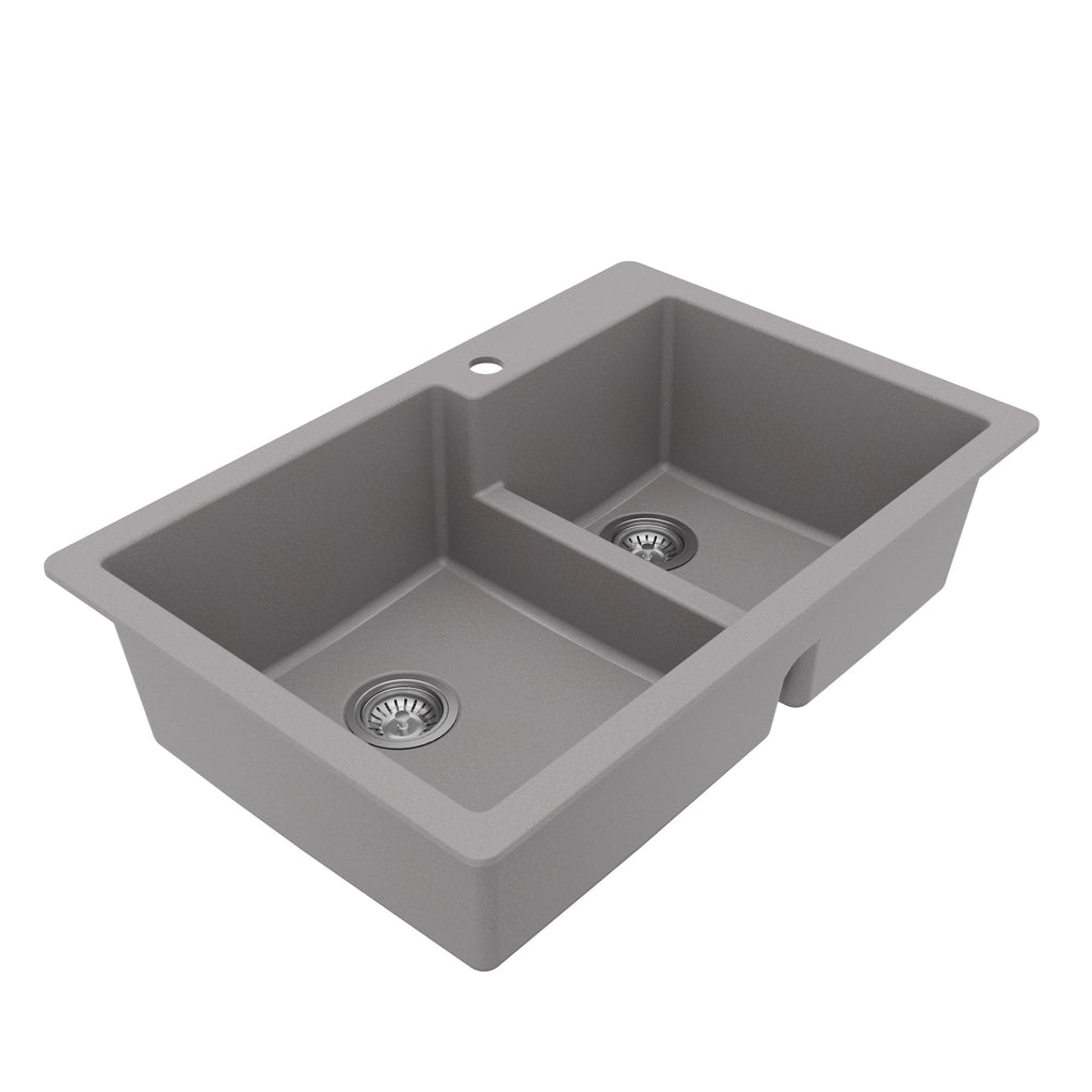 33" Top Mount Double Offset Bowl Quartz Composite Kitchen Sink Kit In Grey