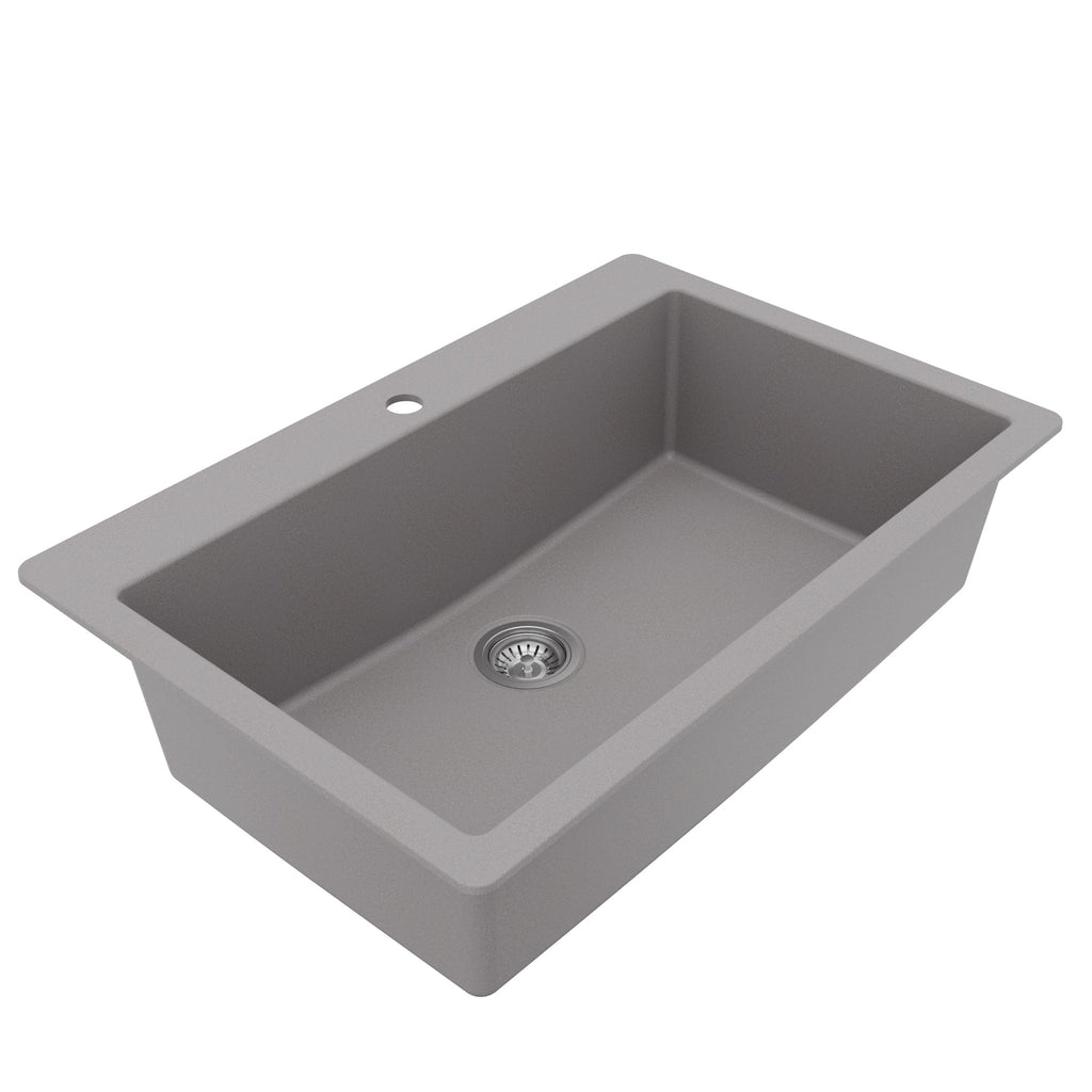 33" Top Mount Large Single Bowl Quartz Composite Kitchen Sink Kit In Grey