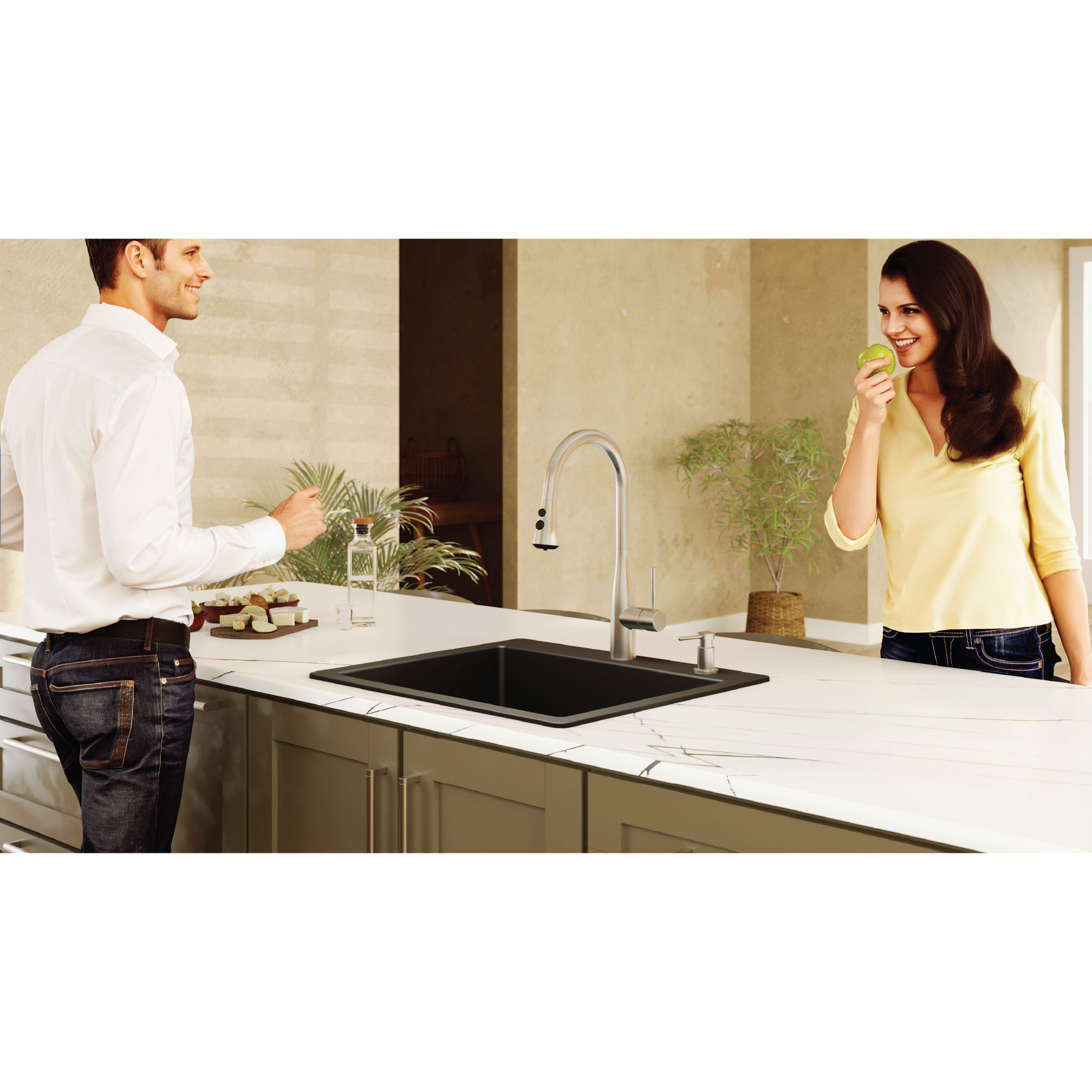 25" Top Mount Single Bowl Quartz Composite Kitchen Sink Kit In Black