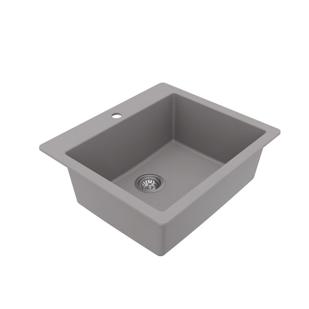 25" Top Mount Single Bowl Quartz Composite Kitchen Sink Kit In Grey