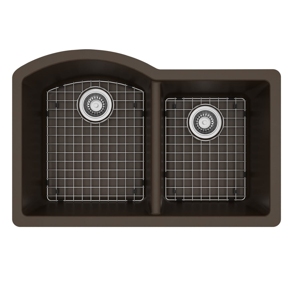 32-1/4" Undermount Double Offset Bowl Quartz Composite Kitchen Sink Kit In Brown