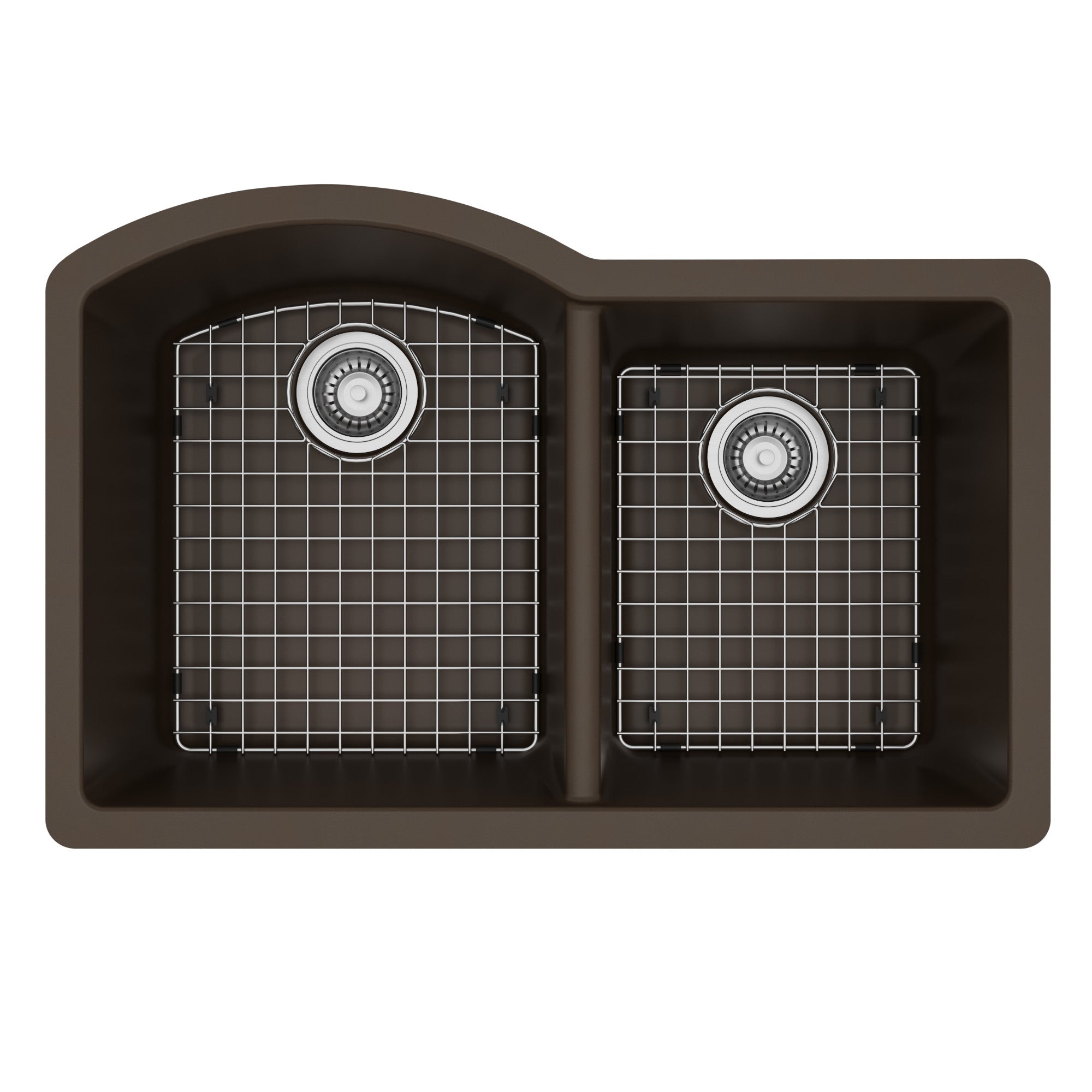 32-1/4" Undermount Double Offset Bowl Quartz Composite Kitchen Sink Kit In Brown