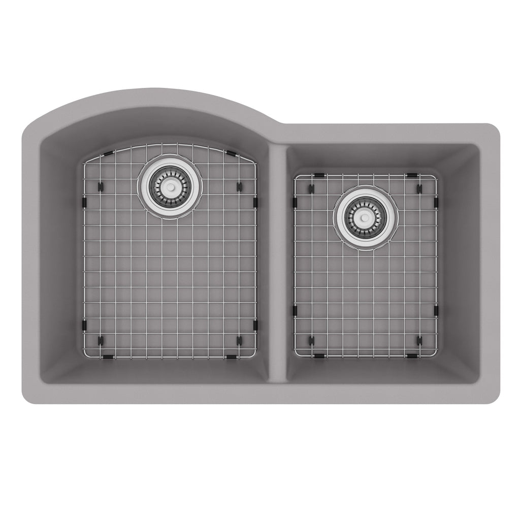 32-1/4" Undermount Double Offset Bowl Quartz Composite Kitchen Sink Kit In Grey