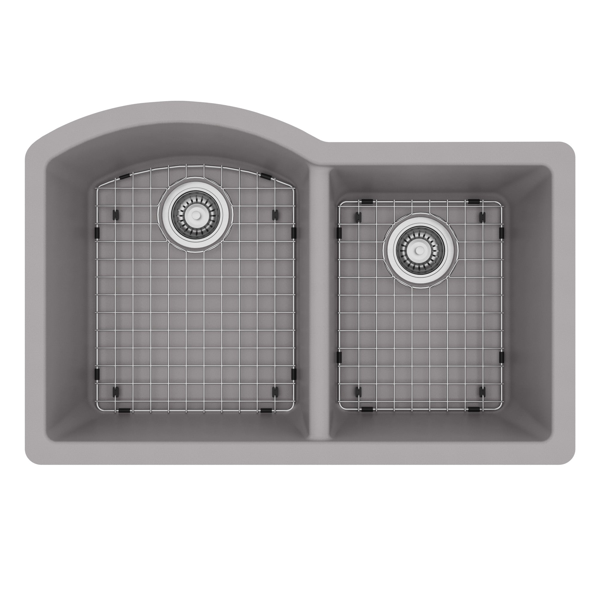 32-1/4" Undermount Double Offset Bowl Quartz Composite Kitchen Sink Kit In Grey