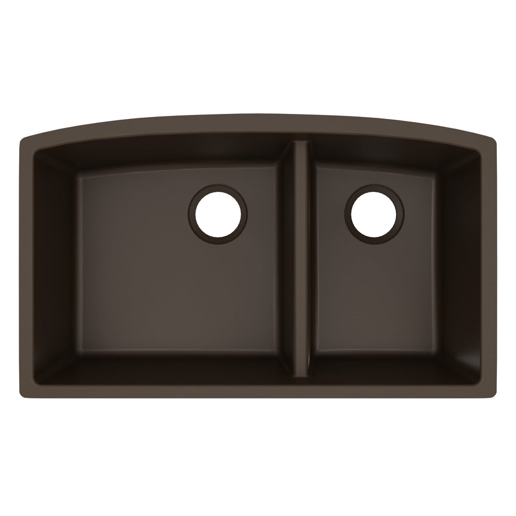 32-1/2" Undermount Double Offset Bowl Quartz Composite Kitchen Sink In Brown