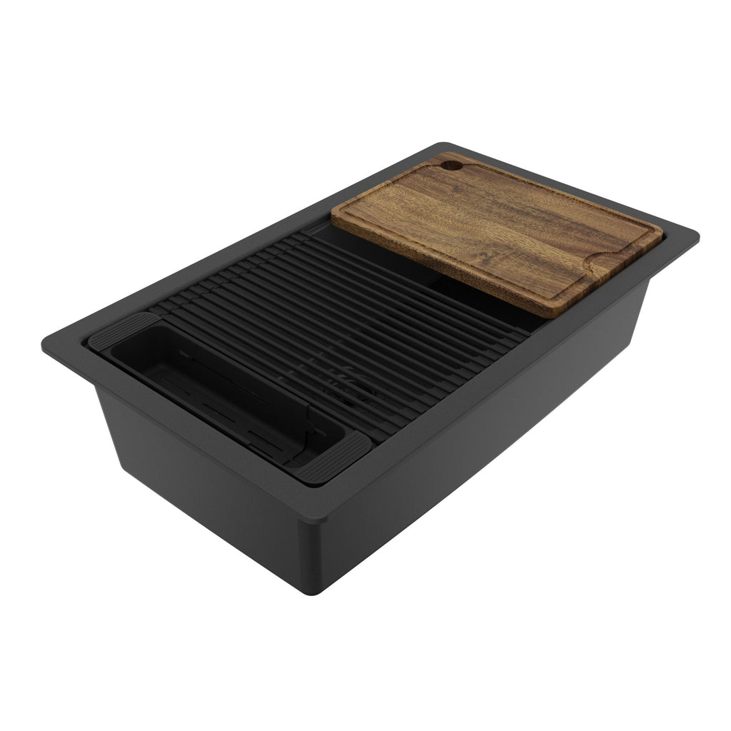 32" Undermount Single Bowl Quartz Kitchen Sink Kit In Black