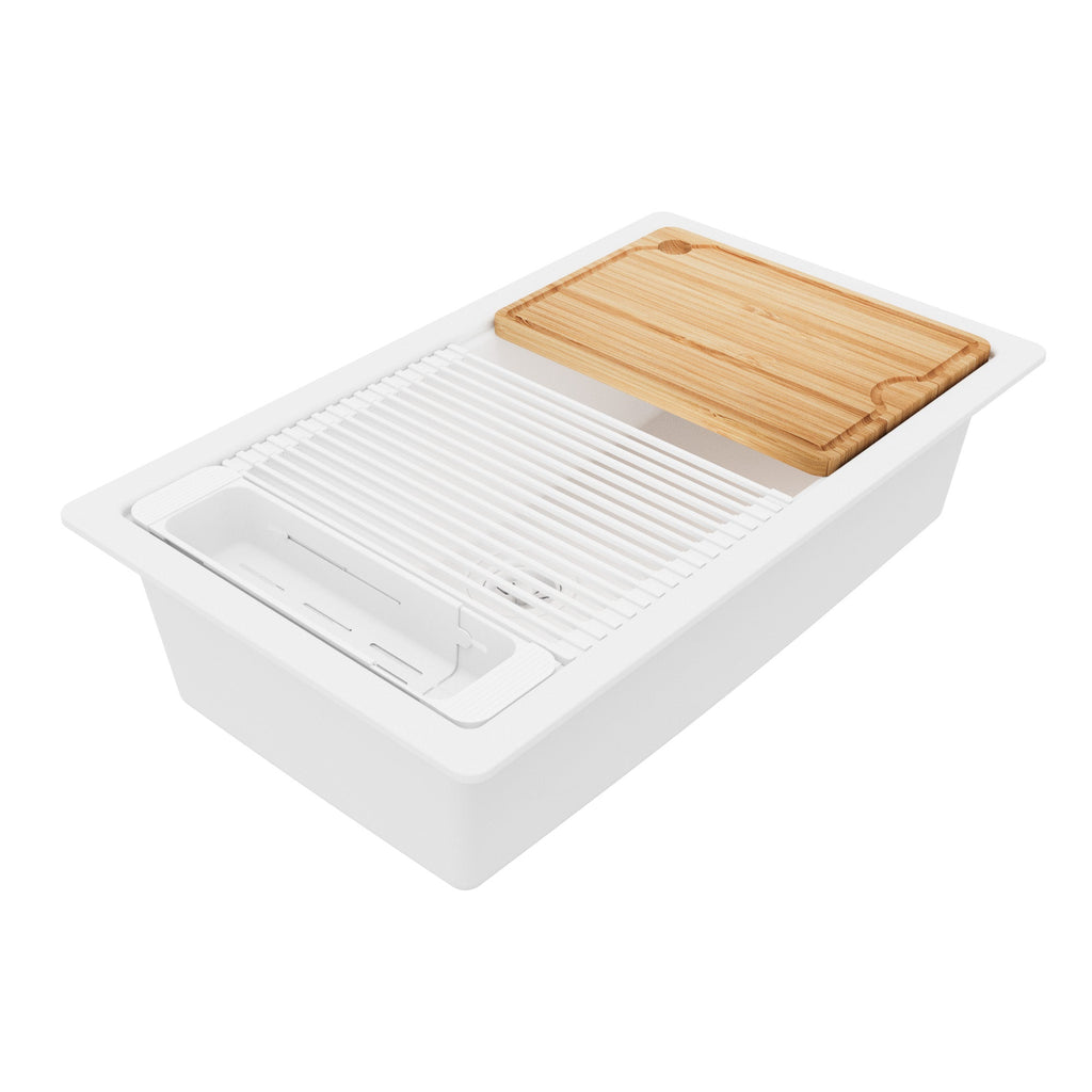 32" Undermount Single Bowl Quartz Kitchen Sink Kit In White
