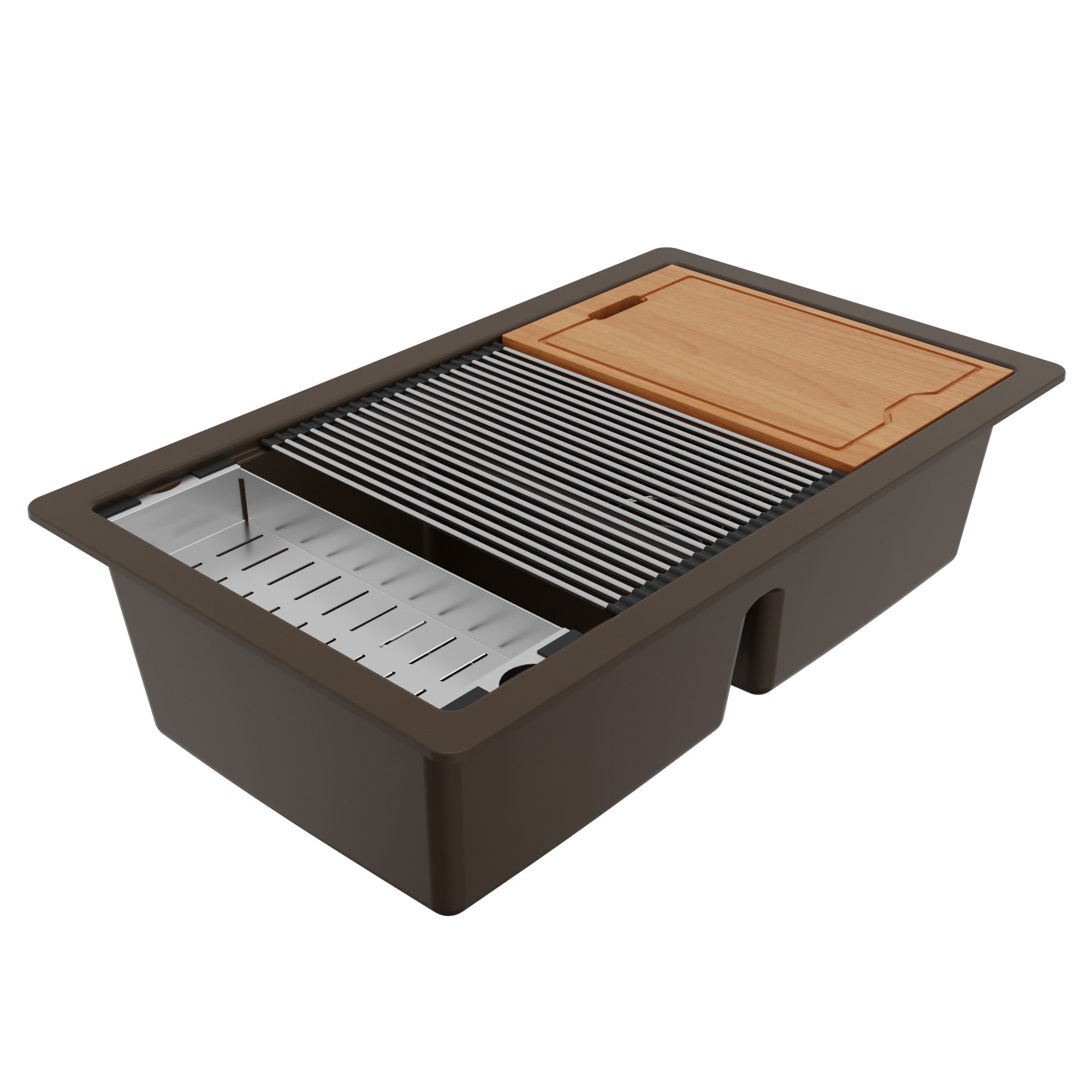 32-1/2" Undermount Double Equal Bowl Quartz Composite Workstation Kitchen Sink In Brown